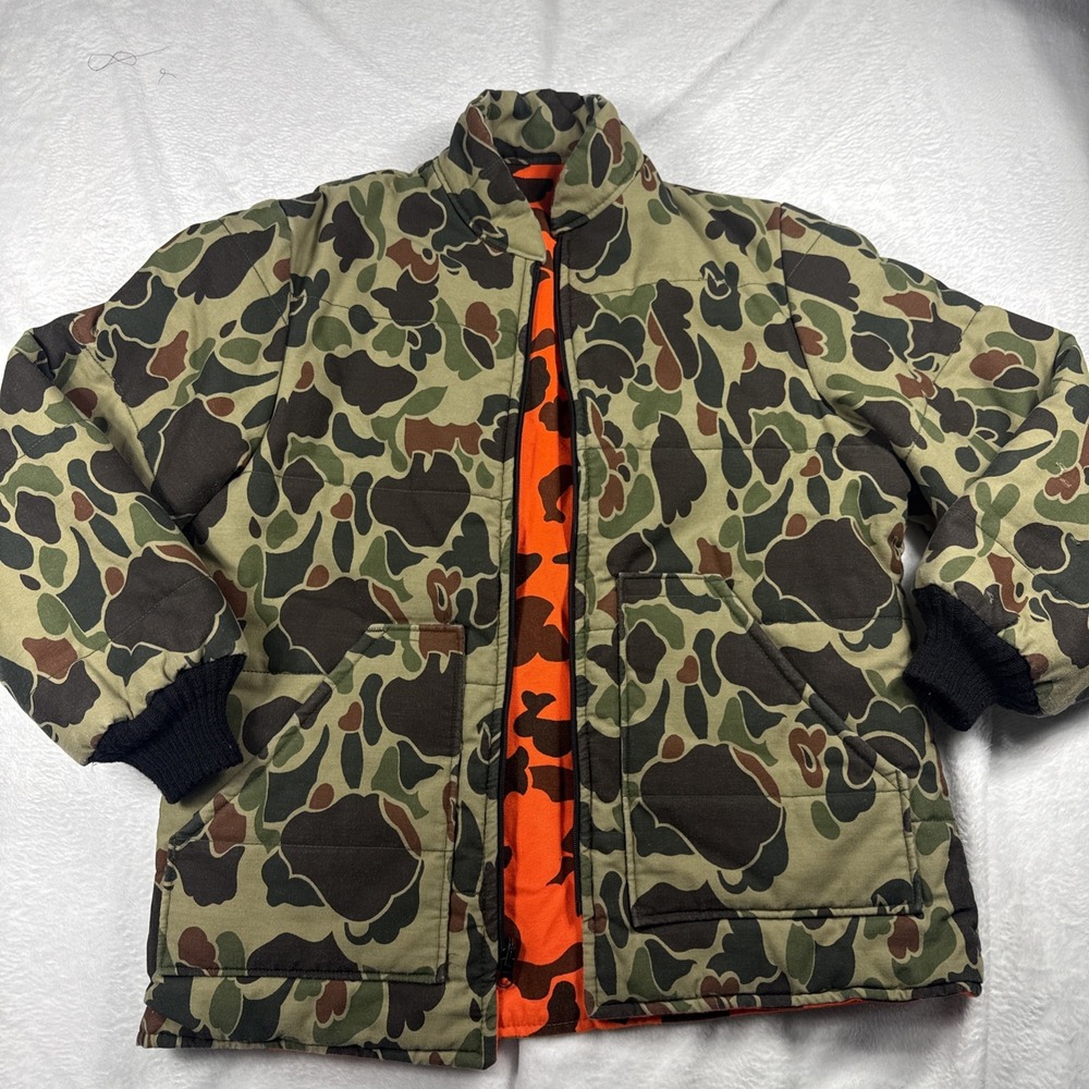VTG Walls Jacket Men Medium Quilted Green Blizzard Camo & Orange Reversible 80's